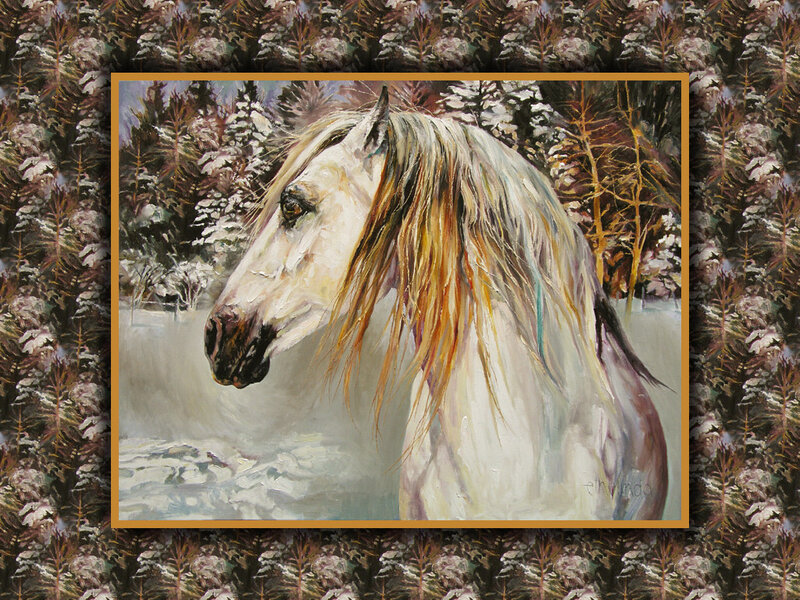White Horse in Snow — Serene, Winter, Painting, Trees