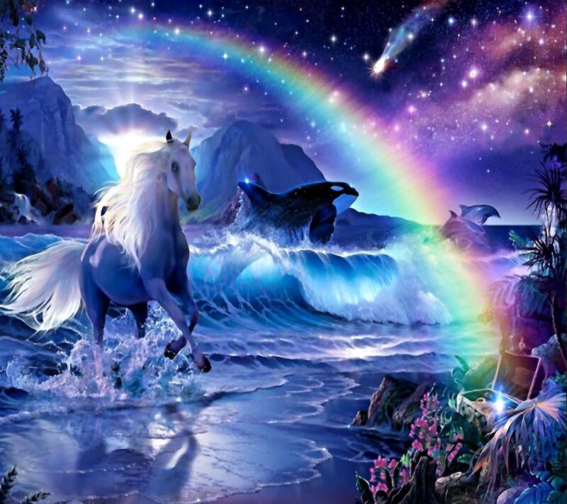 White Horse in Water — Blue, Fantasy, Night, Digital Art