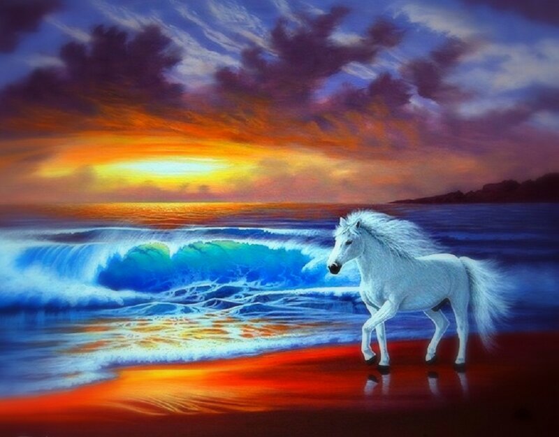 White Horse on Beach — Blue, Dramatic, Sunset