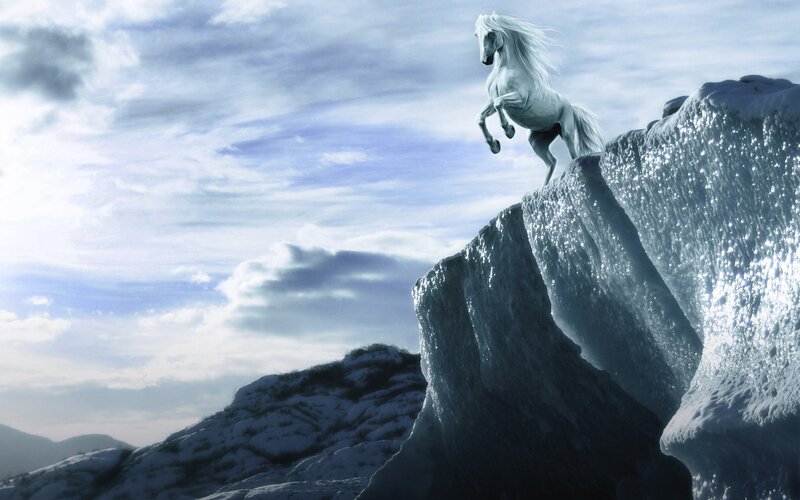 White Horse on Cliff — Blue, Dramatic