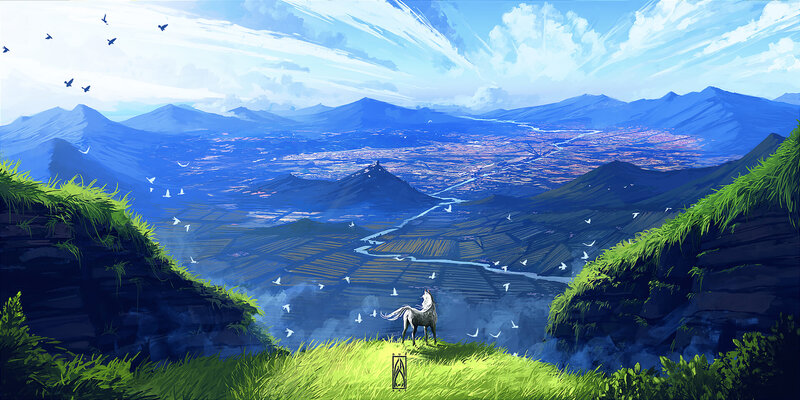 White Horse on Cliff — Blue