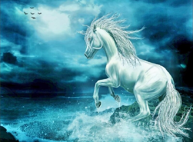 White Horse on Rocks — Blue, Dramatic