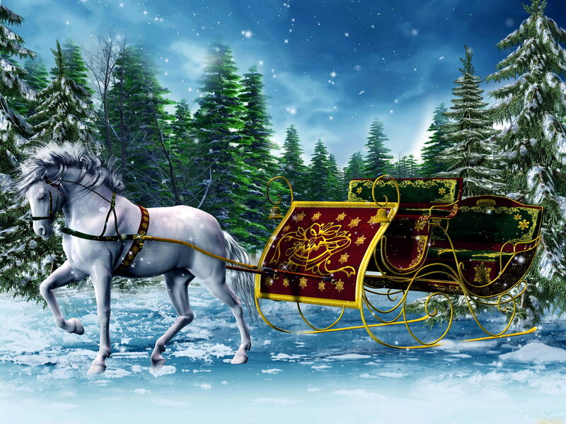 White Horse Pulling Sleigh — Blue, Magical