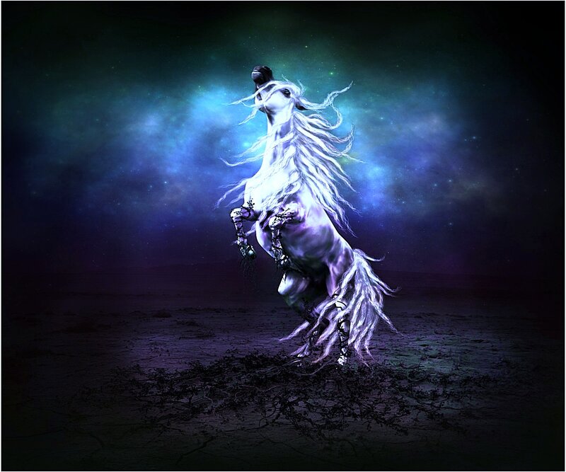 white horse rearing in starry sky