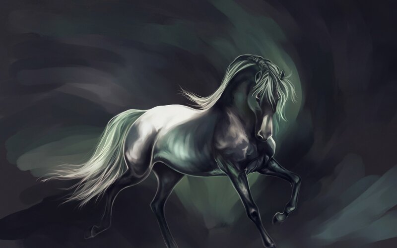 White Horse Running — Black, Dramatic, Digital Art