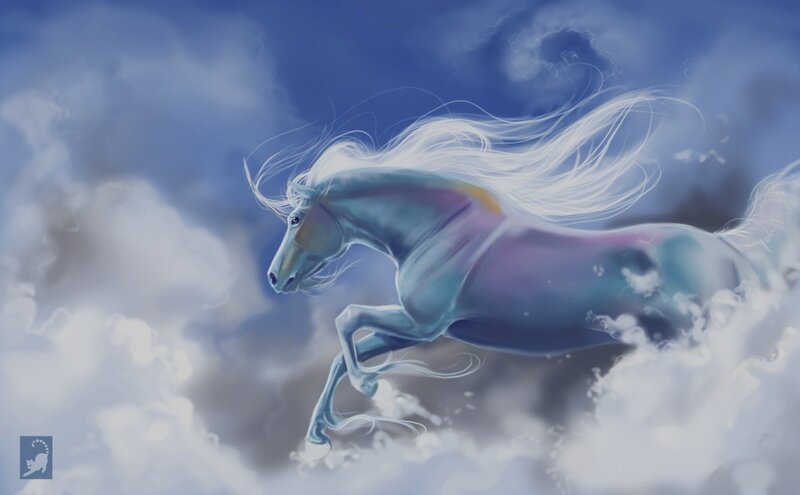 White Horse Running — Blue, Dramatic, Digital Art, Clouds