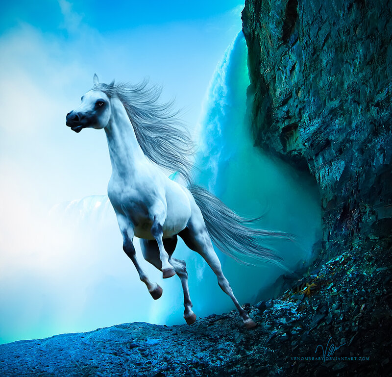 White Horse Running — Blue, Dramatic, Digital Art, Waterfall