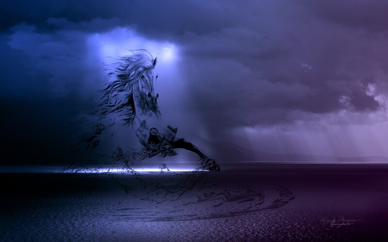 White Horse Running — Blue, Dramatic, Night, Digital Art, Clouds