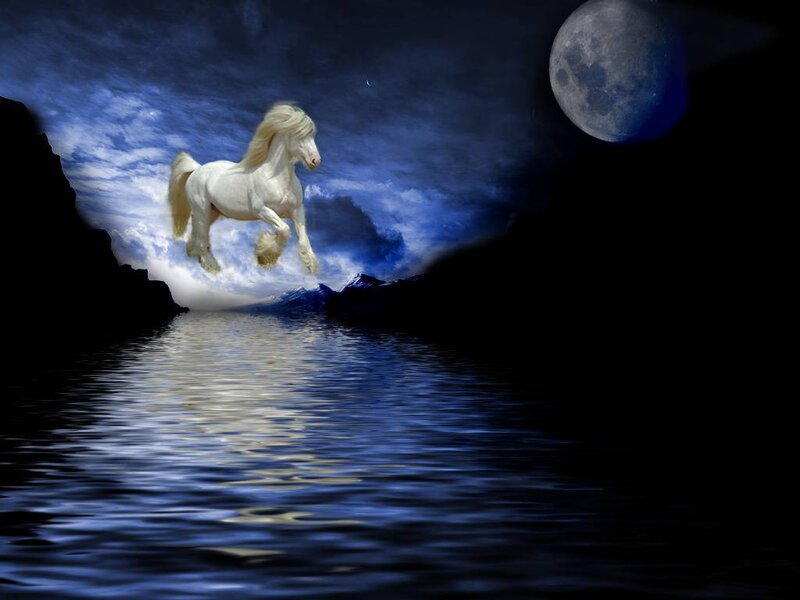White Horse Running — Blue, Dramatic, Night, Digital Art, Moon