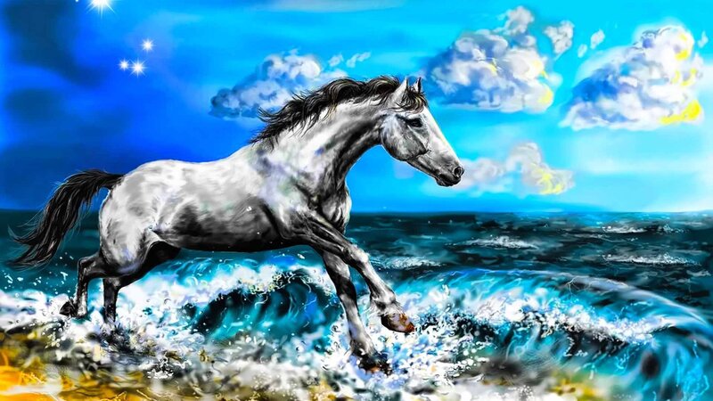 White Horse Running — Blue, Dramatic, Night, Digital Art, Ocean