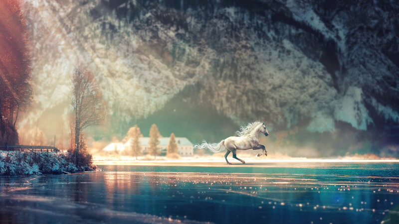White Horse Running — Blue, Dramatic, Winter