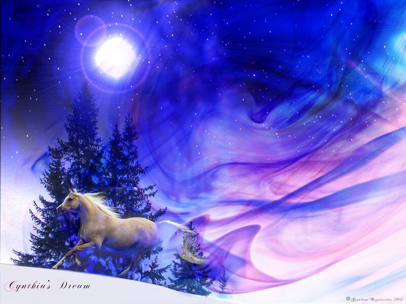 White Horse Running — Blue, Dreamy, Night, Digital Art