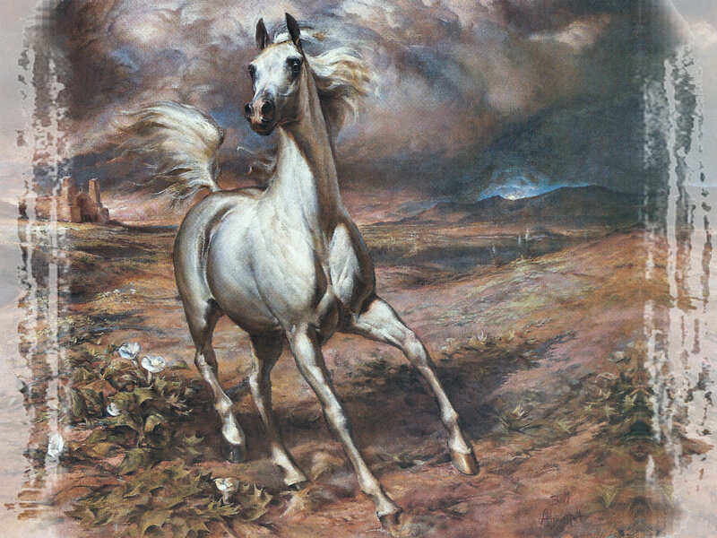 White Horse Running — Brown, Dramatic, Painting