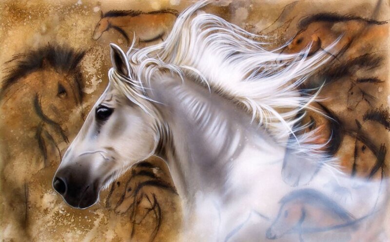 White Horse Running — Brown, Dynamic, Painting