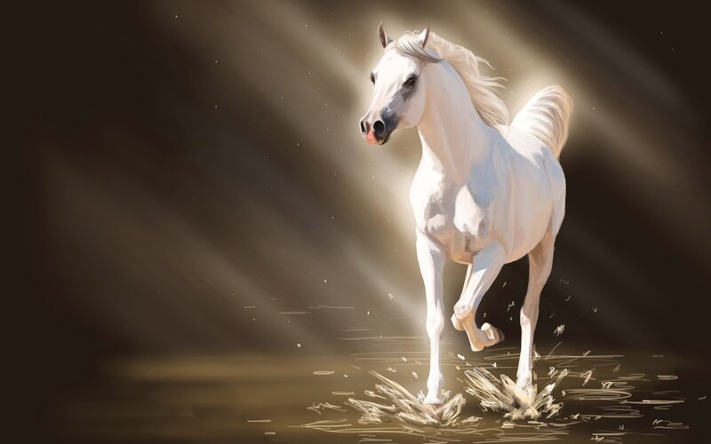 White Horse Running — Dramatic, Digital Art, Light Beams, Splashing Water