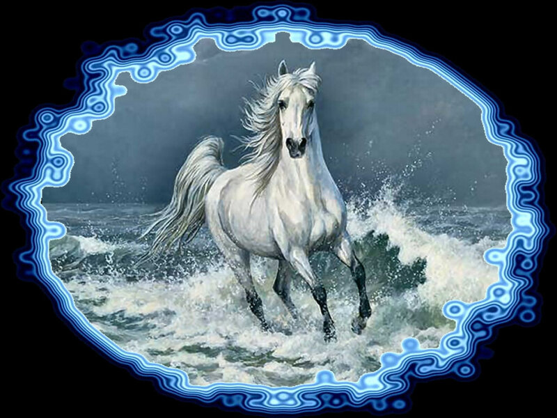 White Horse Running — Dramatic, Digital Art, Waves
