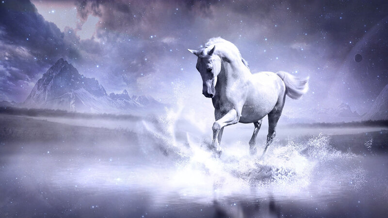 White Horse Running — Dramatic, Night, Digital Art, Mountains
