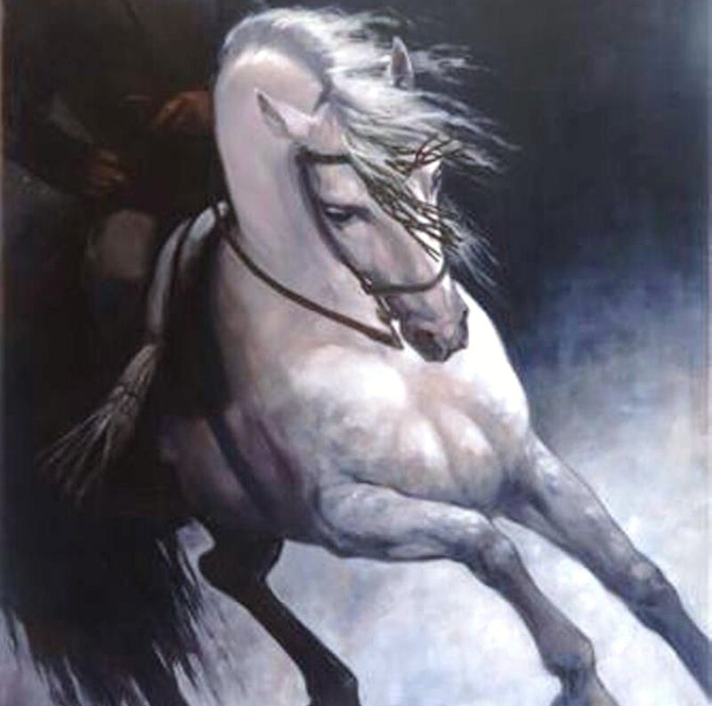 White Horse Running — Dramatic, Painting, Saddle