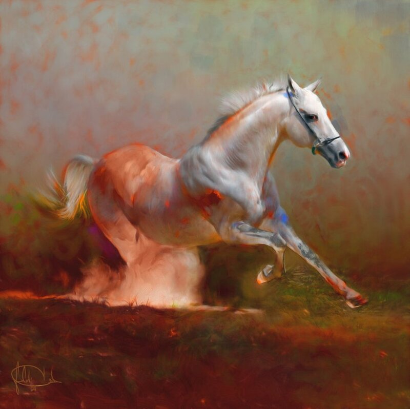White Horse Running — Dynamic, Painting, Grass