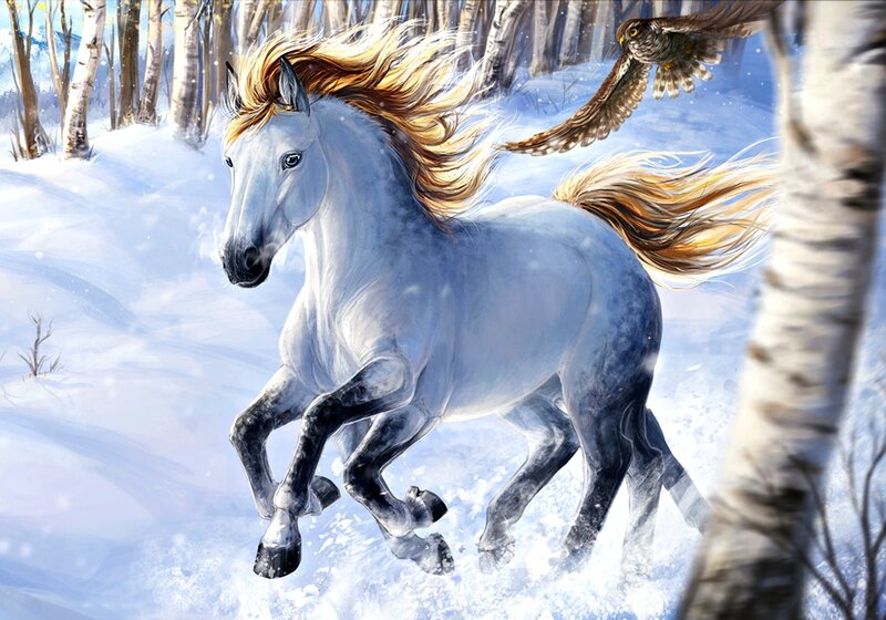 White Horse Running — Dynamic, Winter, Digital Art