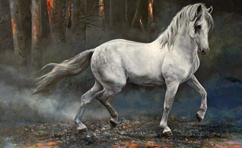 White Horse Running — Gray, Dramatic, Night, Painting