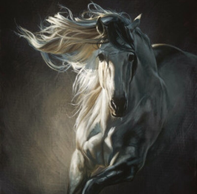 White Horse Running — Gray, Dramatic, Painting