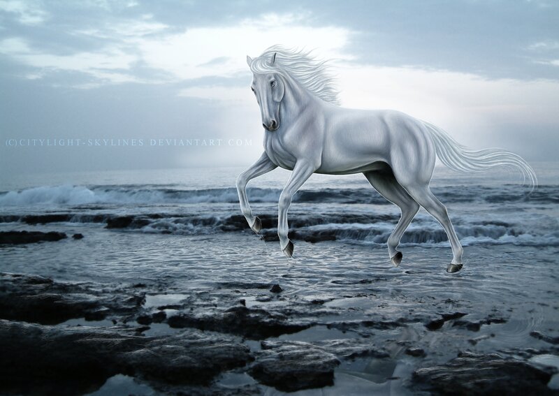 White Horse Running — Gray, Dramatic, Sunset, Digital Art