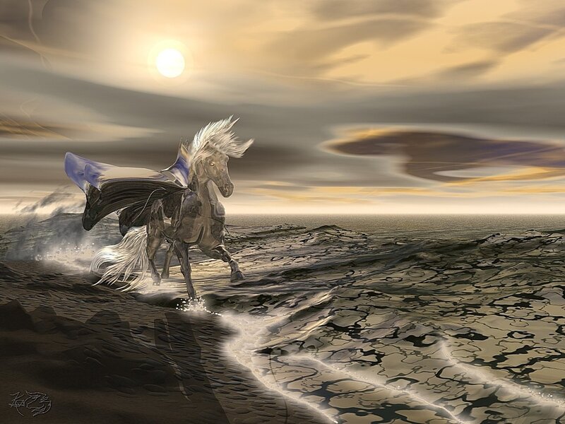 White Horse Running — Gray, Dramatic, Sunset