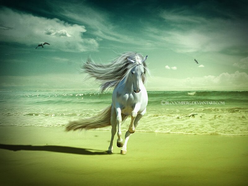 White Horse Running — Green, Dramatic, Afternoon, Digital Art