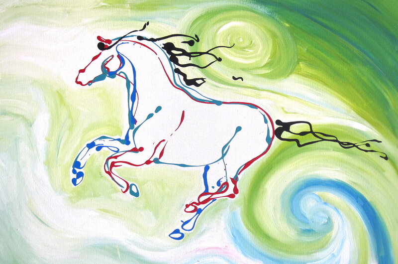 White Horse Running — Green, Dynamic, Painting
