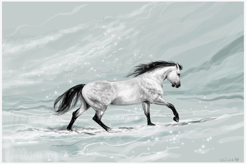 white horse running in snow