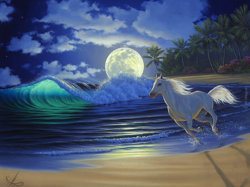 White Horse Running on Beach — Blue