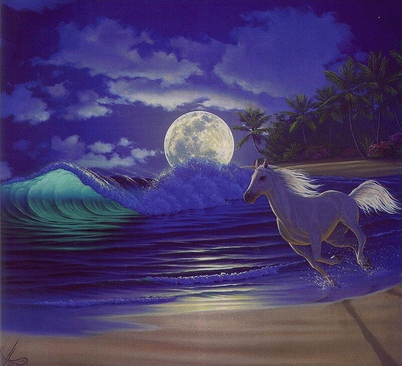 White Horse Running on Beach — Purple, Serene, Night