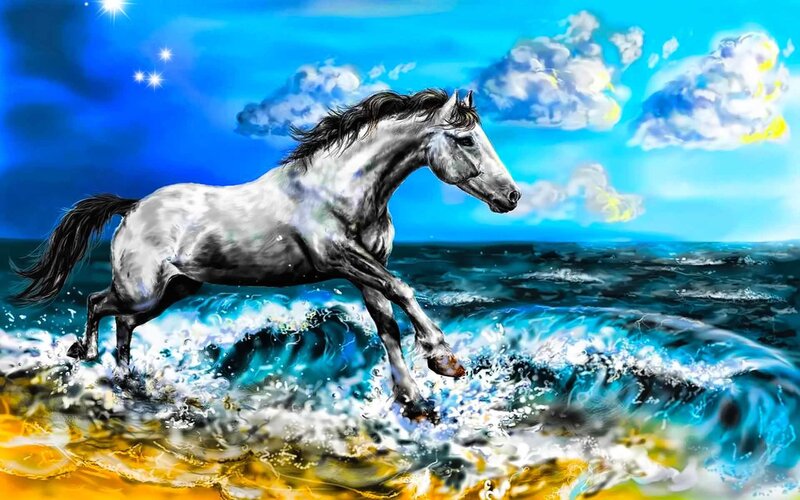 White horse running on ocean waves