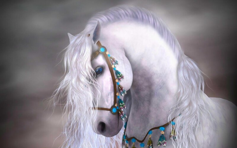 White Horse with Bridle — Serene, Digital Art