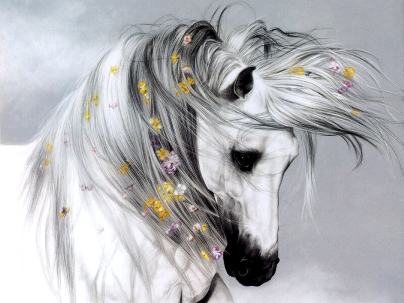 white horse with flowers