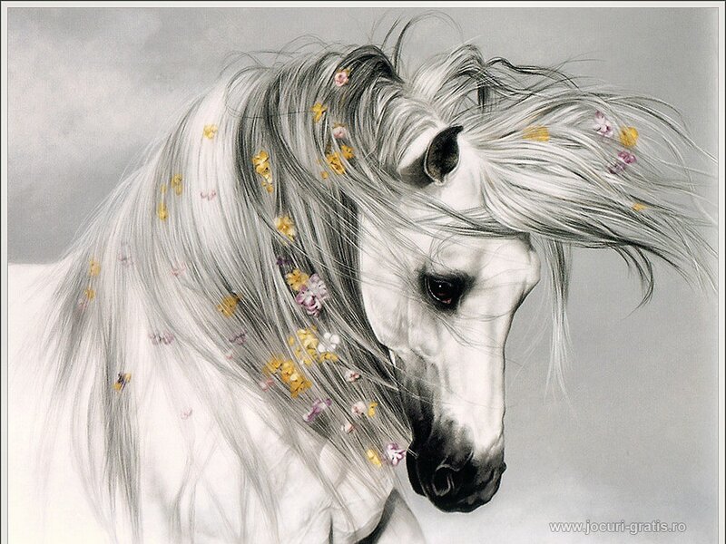 White Horse with Flowers — Serene, Painting