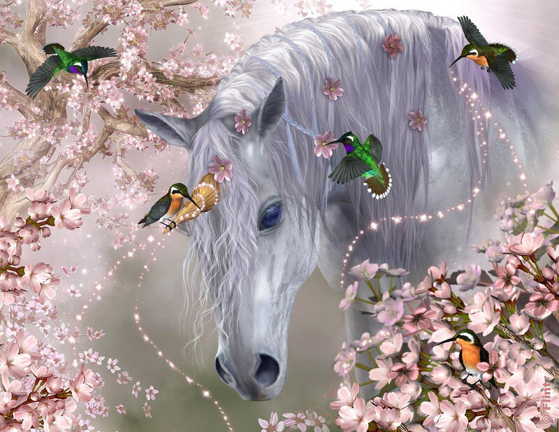 White Horse with Hummingbirds