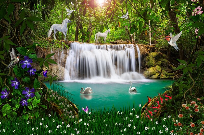 White Horses by Waterfall