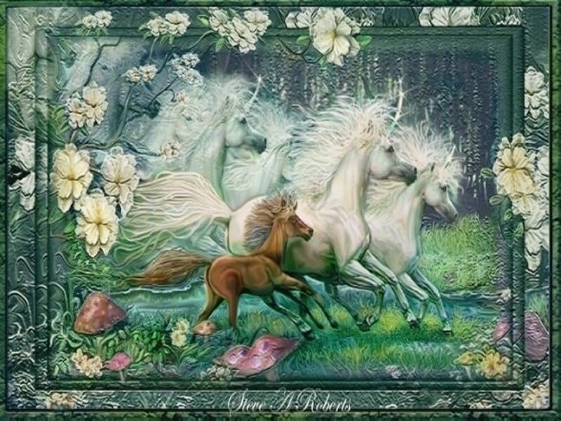 White horses in a floral landscape