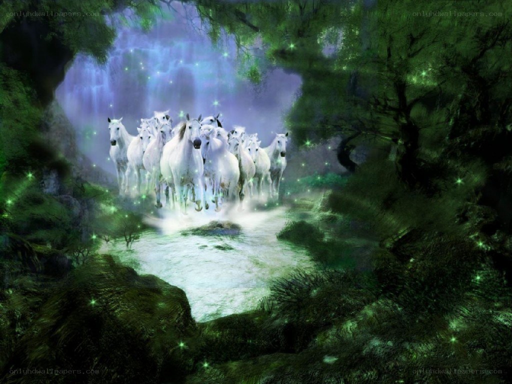 White horses in a magical forest