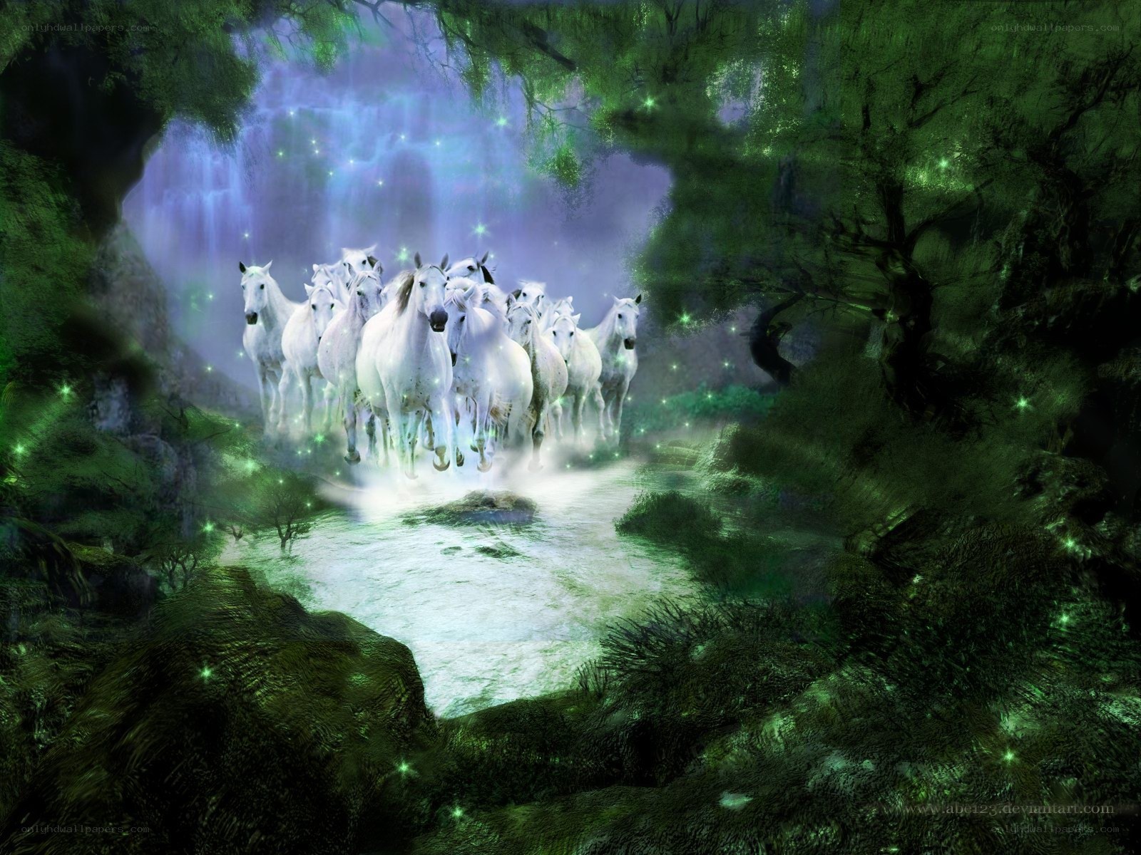 White horses in a magical forest
