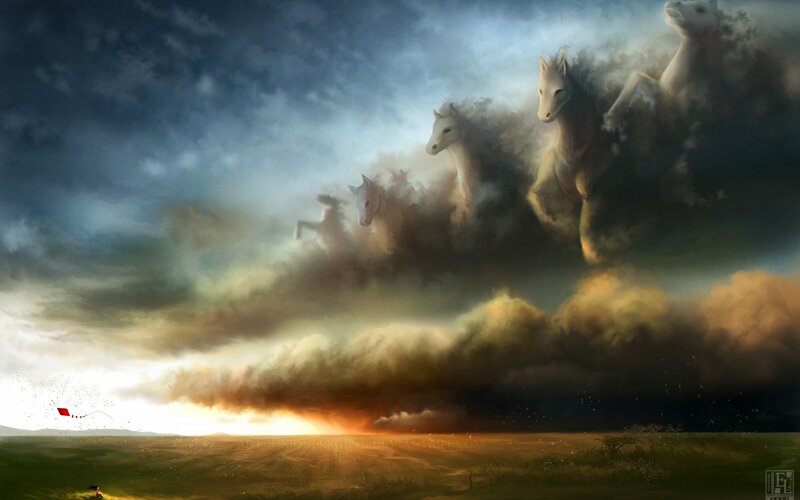 White Horses in Clouds — Gray