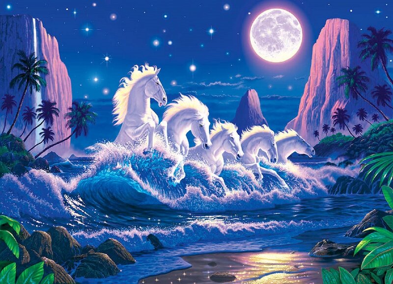White Horses in Ocean — Blue