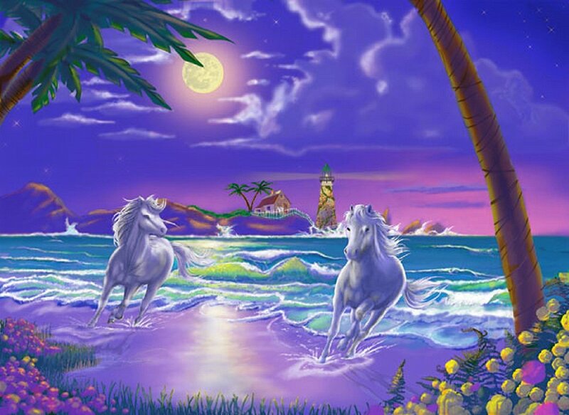 White Horses on Beach — Purple