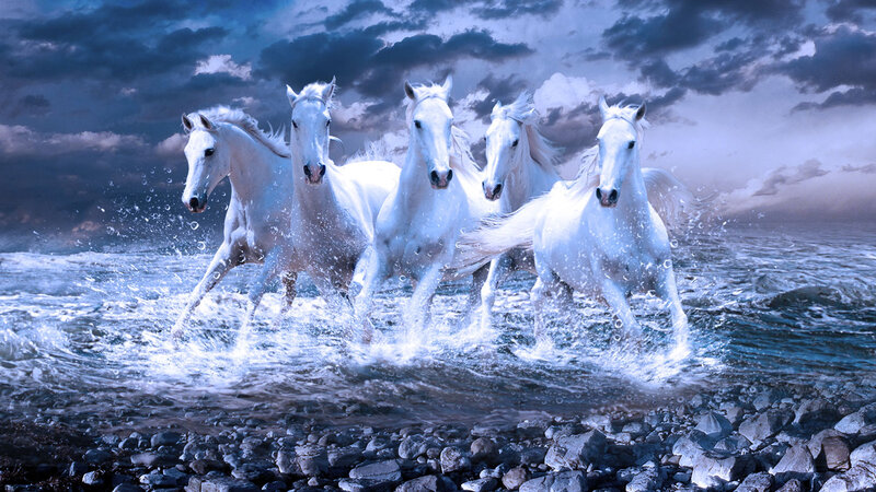 White Horses Running — Blue, Dramatic, Digital Art
