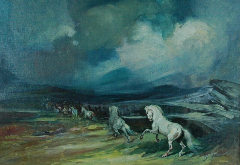 White Horses Running — Blue, Dramatic, Night, Painting
