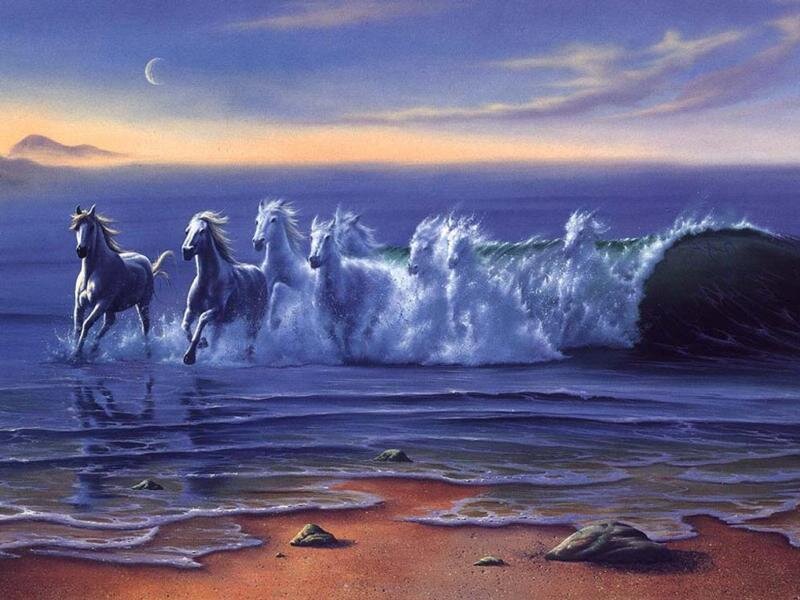 White Horses Running — Blue, Dramatic, Night, Painting, Wave