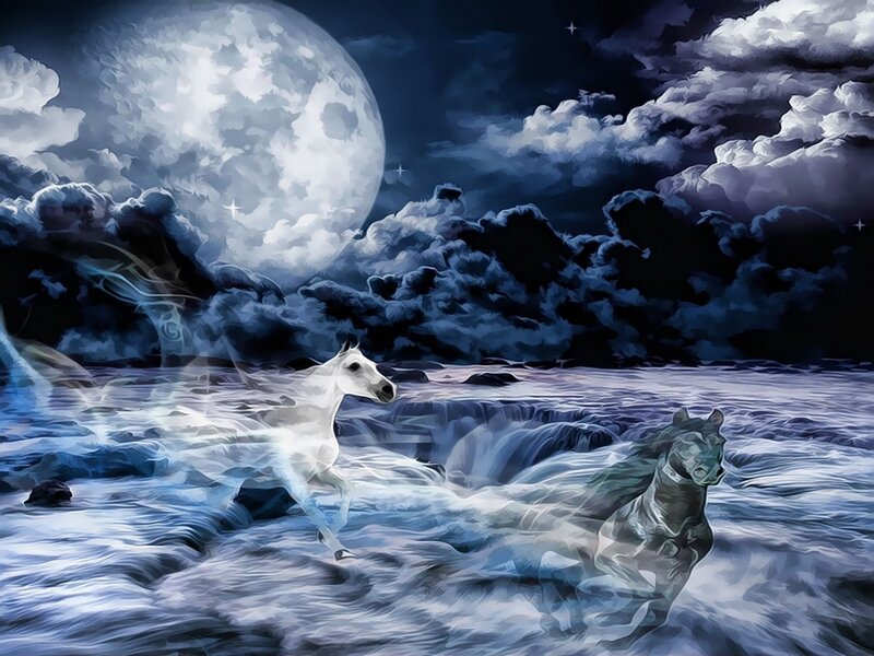 White Horses Running — Blue, Dramatic, Night