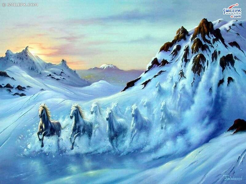 White Horses Running — Blue, Dramatic, Winter, Painting, Snowy Mountains, Sunset